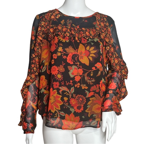 LOFT Tops - Loft Floral Ruffle Trim Blouse Orange Black Red Sheer Sleeves Ruffles